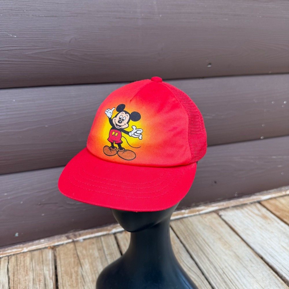 Vtg Mickey Mouse Red Mesh Snapback Trucker Cap Disney Atlas Made in USA Youth
